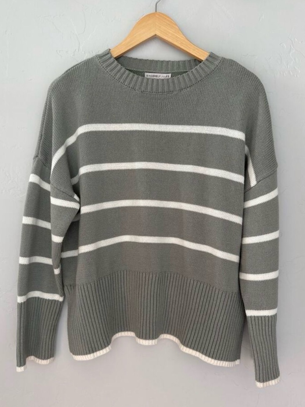 Striped Knit Crewneck Sweater Sincerely Jules Green Grey White Coastal Boxy M